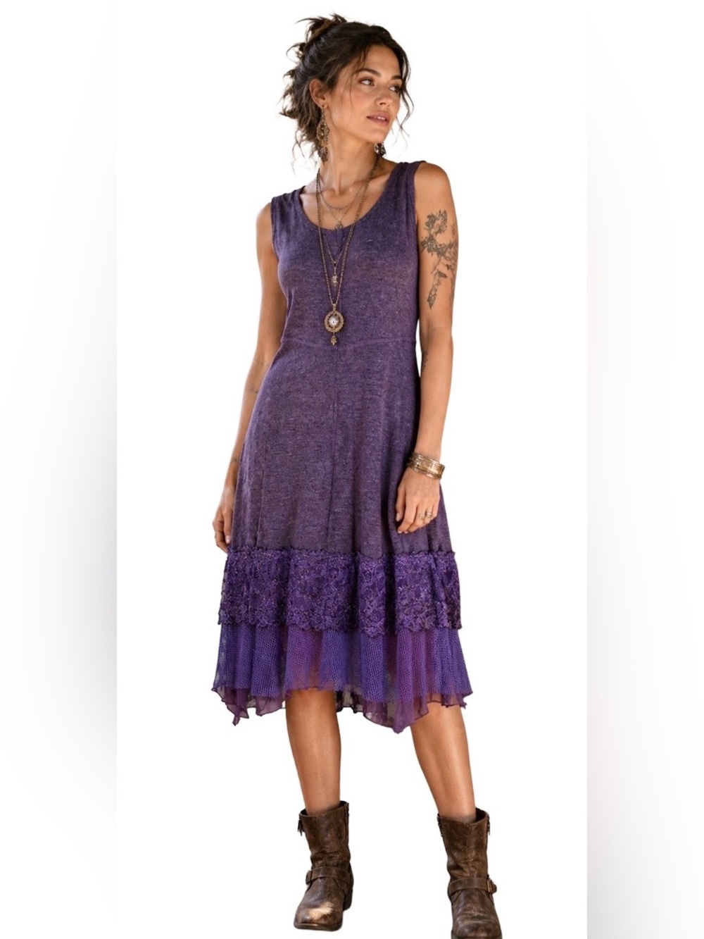 Pretty Angel Boho Festival Lace Hem Purple Midi Dress with Mesh Overlay, Small